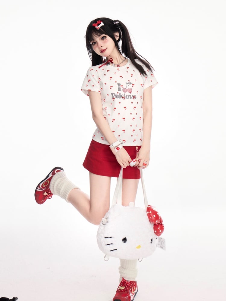 チャームフリーボディコンライズミニデニムスカート（レッドローカット）