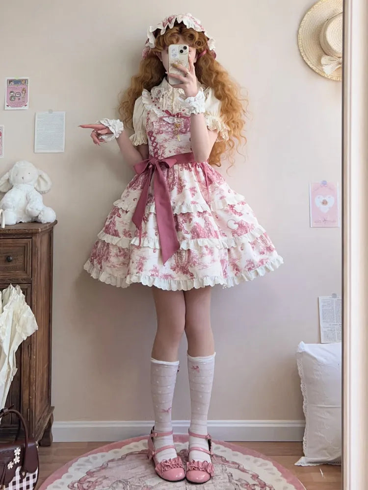 ピンクのロリータジャンパープリント裾取り外し可能なスカートブドウ