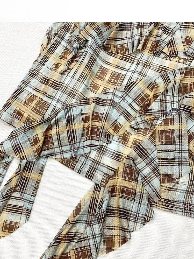 Cami Pattern Y2K Blue Asymmetrical Hem Plaid Glamorous Dress