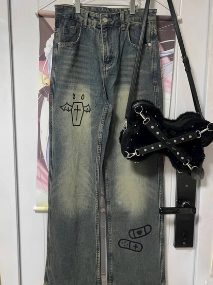 Denim Graphic Loose with Print Leg Jeans Blue Straight Fit