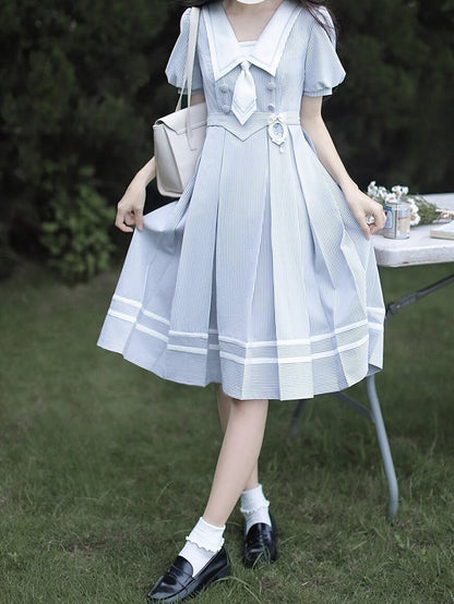 Weiß Gestreiften und Kleid Sommer Ärmeln Taille Puff Blau Gürtel mit