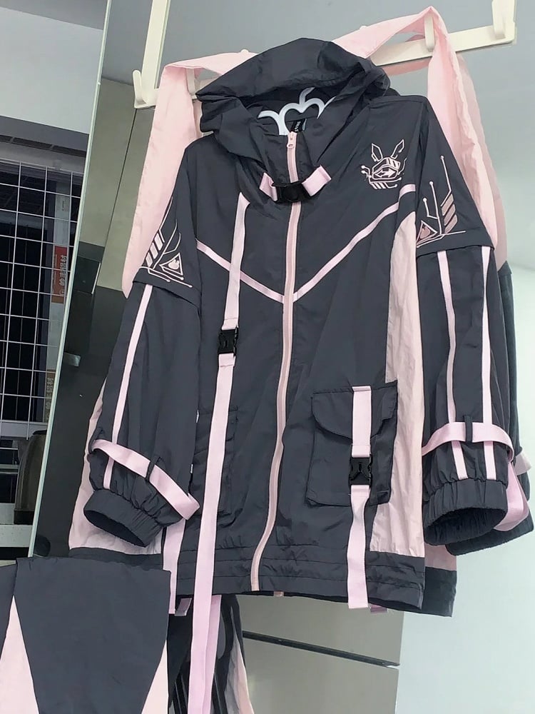 Schwarz-pinke Jirai Kei-Kapuzenjacke/Beinwärmer mit Hasenohren-Farbblock