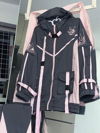 Schwarz-pinke Jirai Kei-Kapuzenjacke/Beinwärmer mit Hasenohren-Farbblock