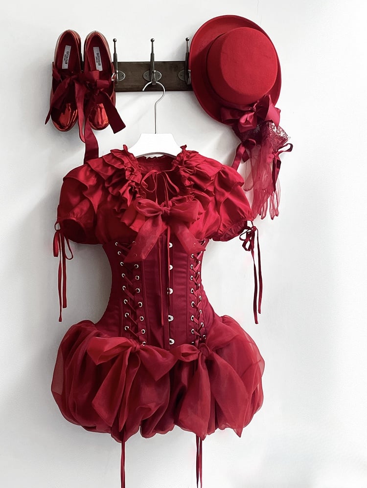 Waist Lolita Blouse Layered Ruffles Gothic Smocked Neckline Red with Elastic