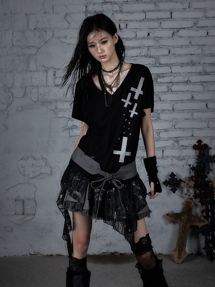 Rock Lace Detailing Graphic Distressed with Punk Handkerchief Hem Black T-shirt Cross