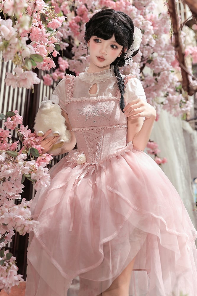 Pink Peach Blossom Chinoiserie Lolita OP Dress & Hairclips Set - With PUJI