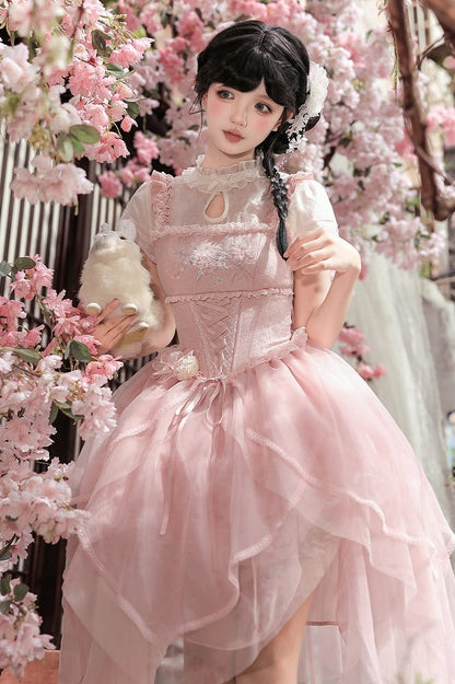 Pink Boned Waist Chinoiserie Lolita OP Dress - With PUJI