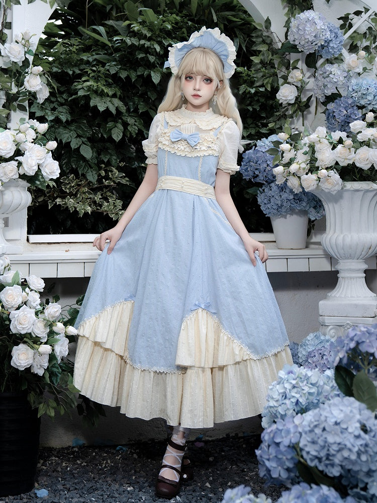 Tea Set and Trims Ruffle Beige Dress Elegant Full Flounce Length Lolita Blue Hem JSK