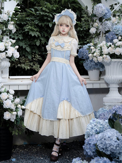 Tea Set and Trims Ruffle Beige Dress Elegant Full Flounce Length Lolita Blue Hem JSK