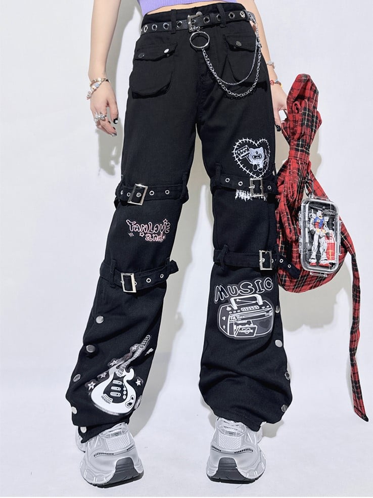 Buckle Straight-leg Punk and Black Guitar with Pants Straps Print