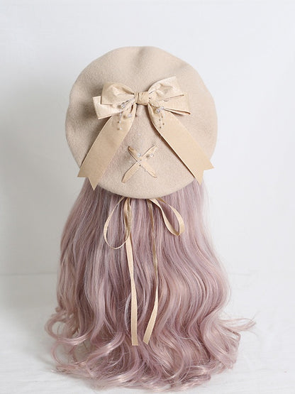 Beret Camel Bowknot Sweet With Lolita Ribbon Beige / Khaki