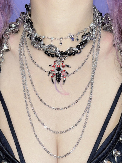 Pendant Necklace Beaded Decorated Silver Spider Rhinestone