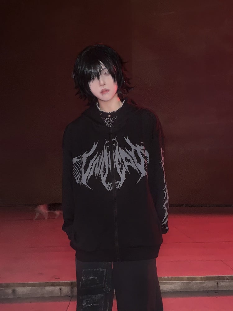 Regular/Thicken Print Hoodie Gothic Black Wing with Zip-Up Skeletal