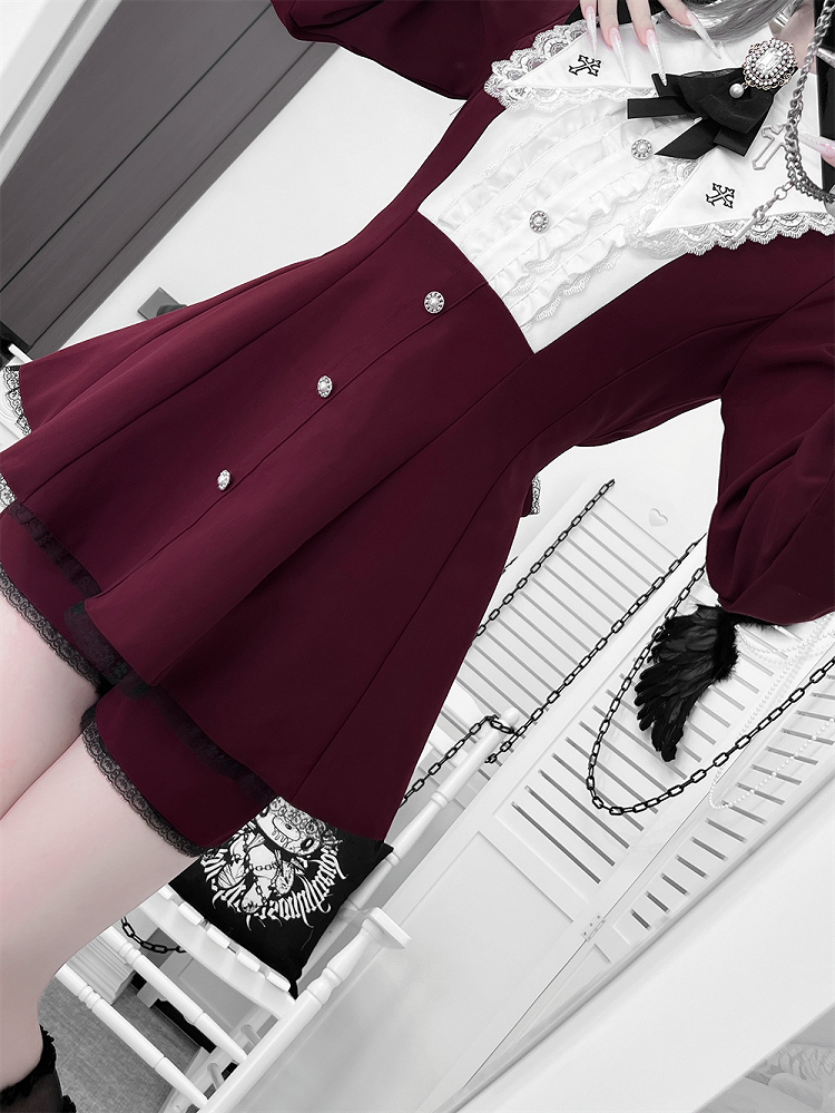 Deep Red Embroidered Set: Pointed with Kei Wine Collar Full Cross Jirai Dress