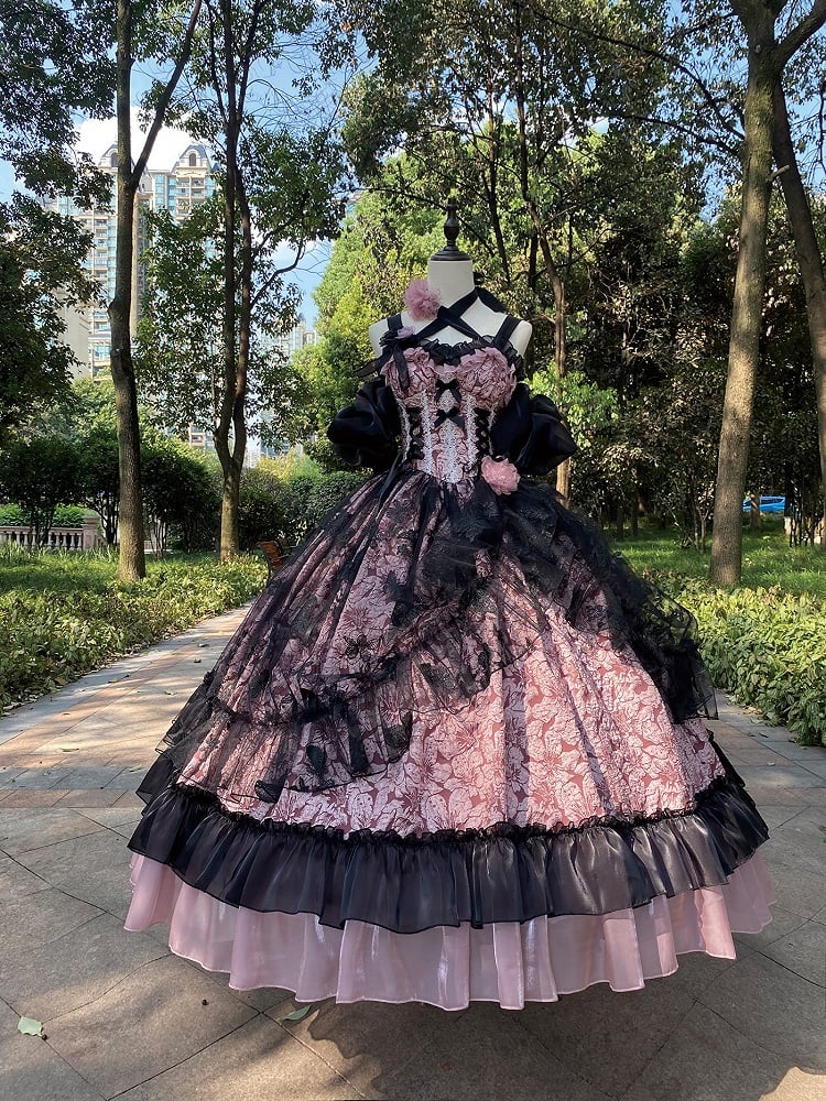 Floral Dark Bow Hime Details Dress Black Hanayome-style Pink Lace and Lolita with Embossed