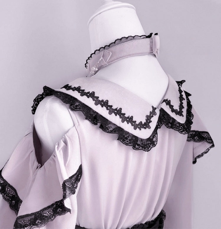 Detachable Design Choker Pink Trim Black Lace Jirai Kei Peter Pan Collar Cutout Shoulder Contrast Blouse with