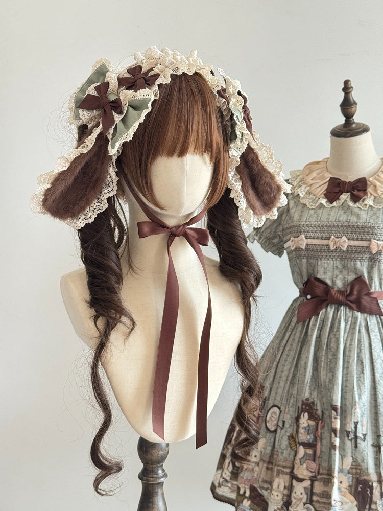 Green-Brown Lace Bow Hairband with Bunny Ears - MAID Lolita Headpieces
