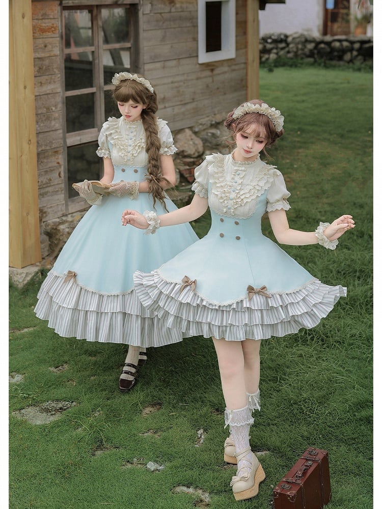 Puff-Sleeve Short Skirt Dress in Beige and Blue with Scalloped Hem and Layers - With PUJI