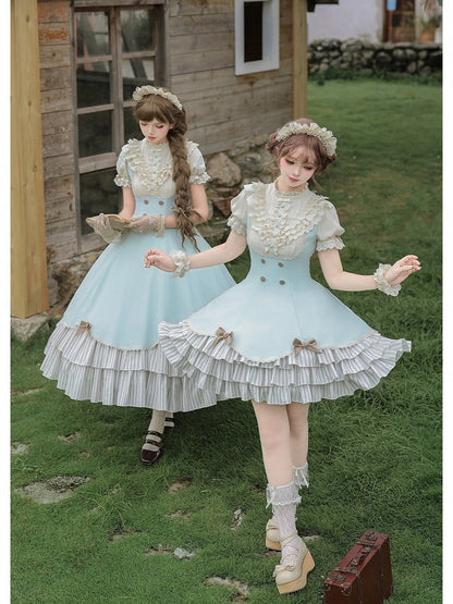 Puff-Sleeve Short Skirt Dress in Beige and Blue with Scalloped Hem and Layers - With PUJI