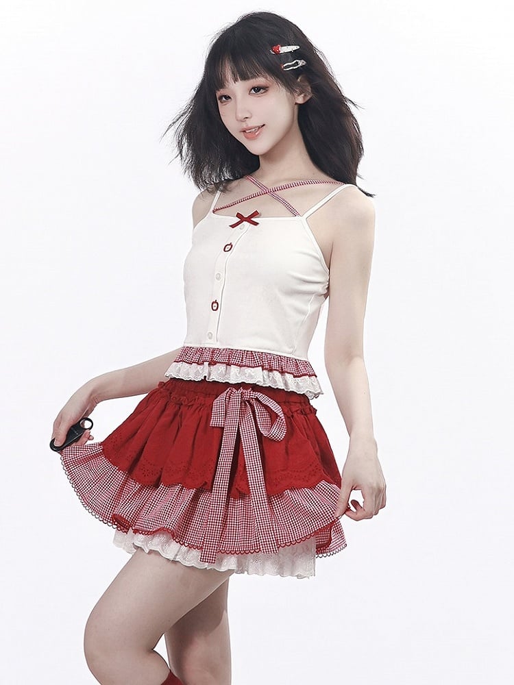 White Cami Top with Gingham and Lace Trim - PINK SAVIOR