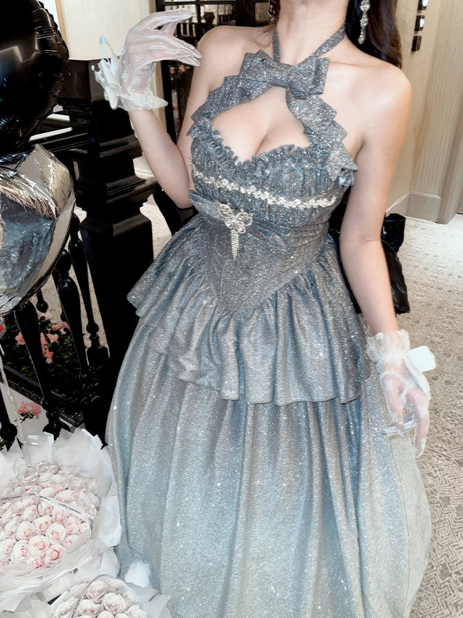 輝くグラデーションシルバーホルターネック スウィートハートネックライントップ + ロングスカート バースデーボールガウン