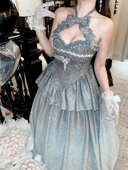 輝くグラデーションシルバーホルターネック スウィートハートネックライントップ + ロングスカート バースデーボールガウン