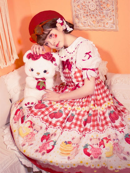 赤い蝶結びと白いピーターパンカラーのレーストリムのスイートロリータブラウス