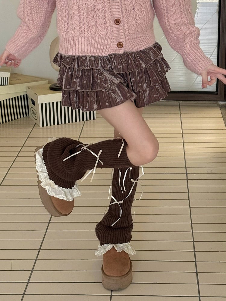 Ties Leg Bow Lace with Ribbed Warmers Trim