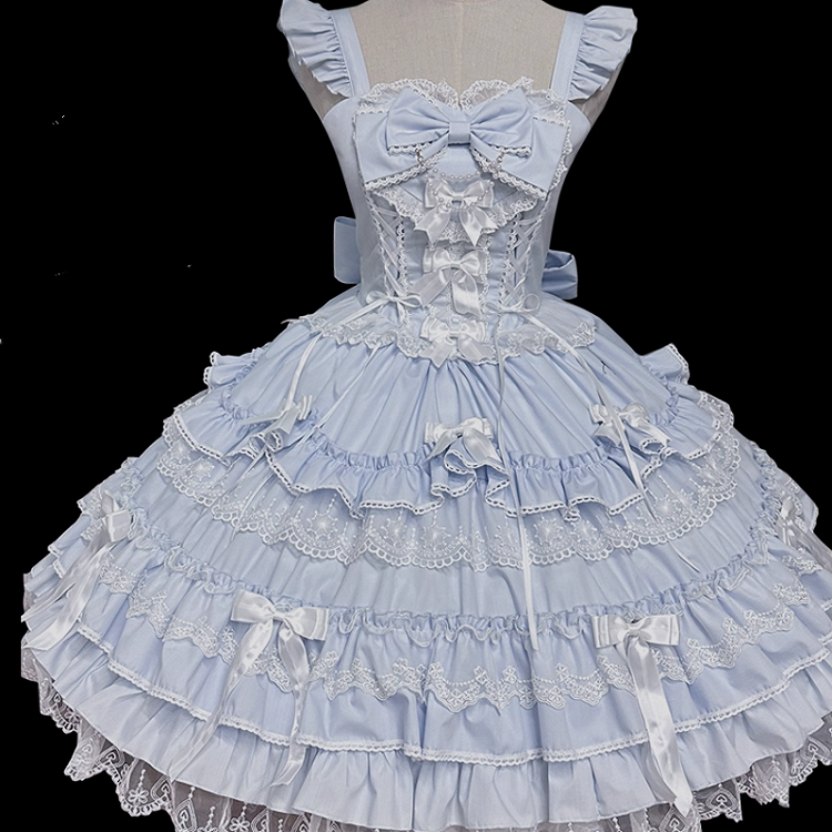 Rockärmelkleid mit Schnürung in der Taille, Spitzenbesatz, blauer Flatterpullover aus Old School Lolita-Baumwolle