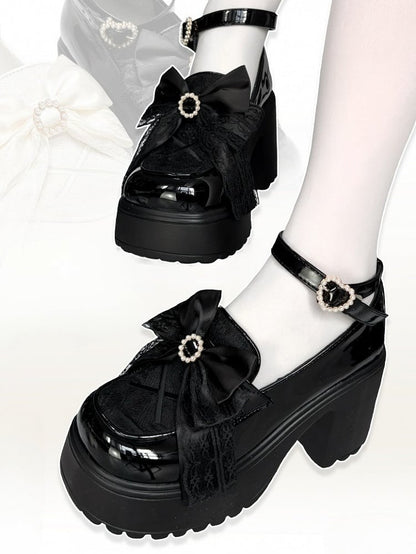 Bow High Block Kei Jirai Top Schwarz Perlen Plateau Heels Sohle PU Dekor mit