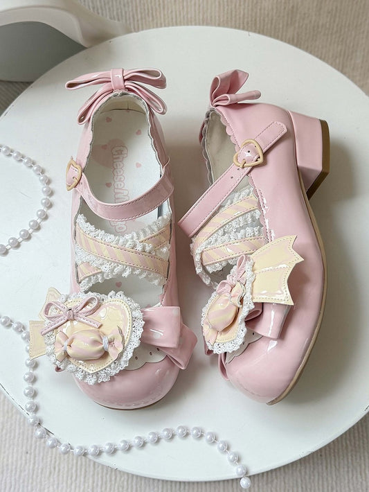 Bows Accents Pink Jane PU Light Mary Sweet Shoes with