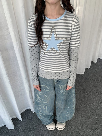 Light Gray Polka Dot Striped Long Sleeve Top with Star Pattern - Solkatt