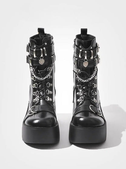 Chain - in Heart Platform System Multi-Closure Charm with Details Boots Style Punk Black