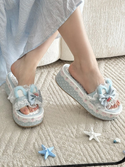 Plush Platform Trim Ear Blue Bunny Slippers Bow Accents Lolita Lace Sweet