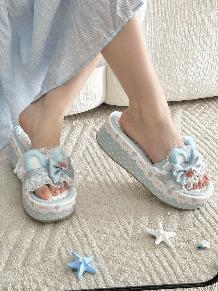 Lolita Trim Bunny Accents Blue Bow Lace Sweet Platform Plush Slippers Ear