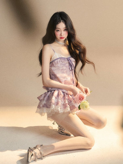 Lavender Oil Strap Tiered with Skirt Slip Dress Mini Painting Self-tie