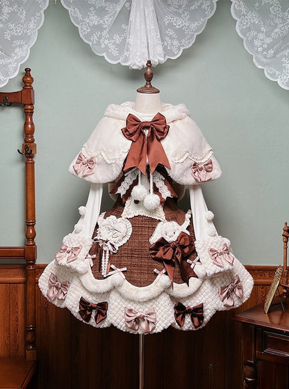 White Bunny Ears Hooded Lolita Cape with Brown Bows Pom-poms - Twin Bear Original Design