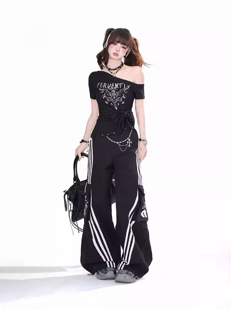 Black Asymmetrical Neckline and Hem Big Bow Detail Glamorous Graphic T-Shirt