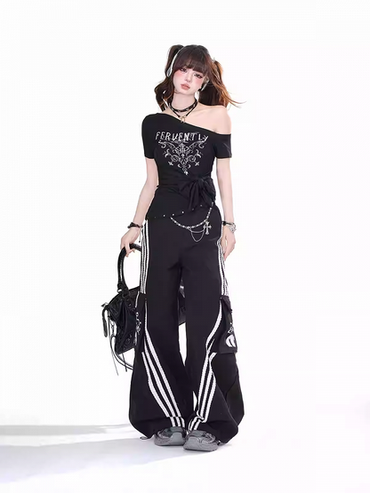 Black Asymmetrical Neckline and Hem Big Bow Detail Glamorous Graphic T-Shirt