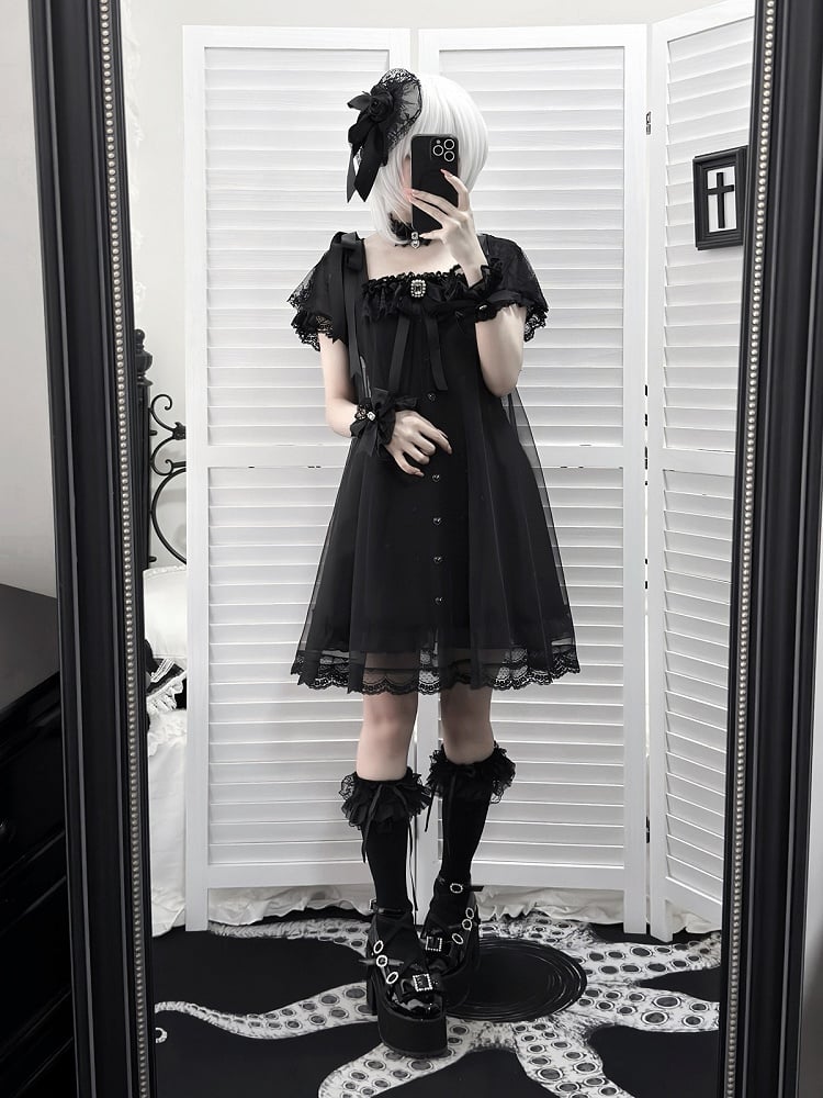 Gothic Square Neck Dress with Bow Accents - Ekomi
