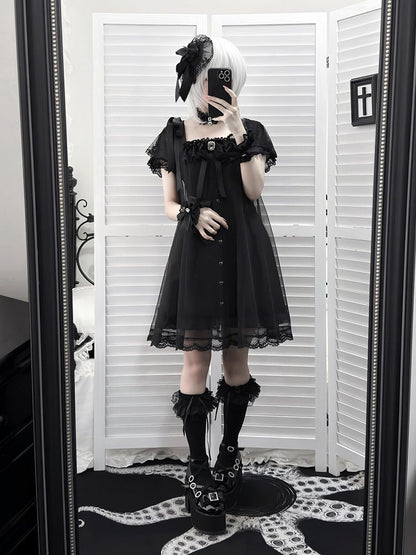 Gothic Square Neck Dress with Bow Accents - Ekomi
