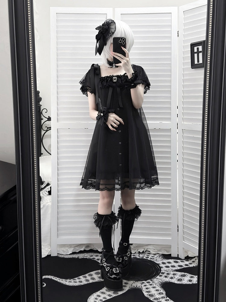 Square-Neck Gothic Dress with Sheer Overlay & Bow Detail - Ekomi