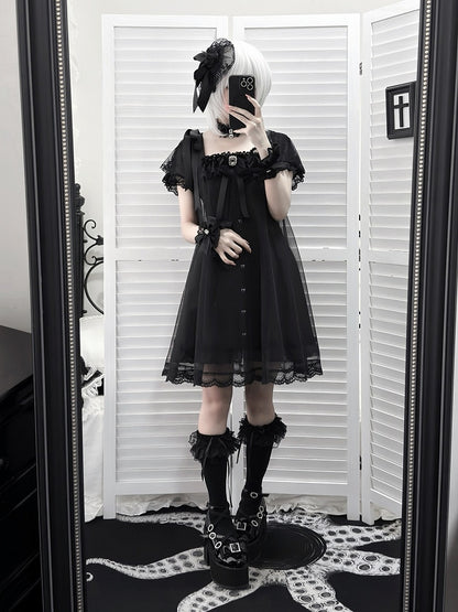 Square-Neck Gothic Dress with Sheer Overlay & Bow Detail - Ekomi