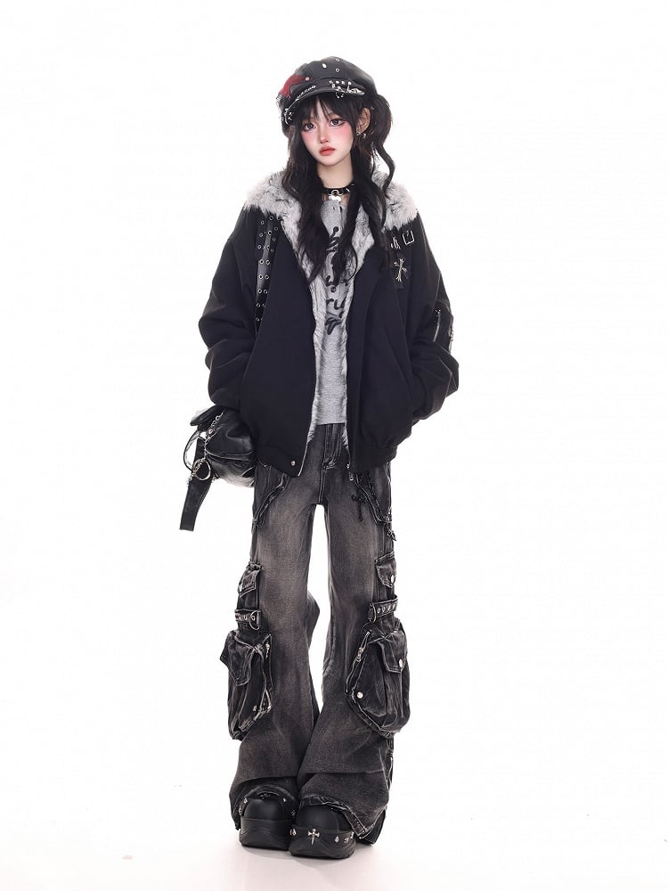 Jacket Plush Blouson Brown/Black Collar with Punk Fleece-lined