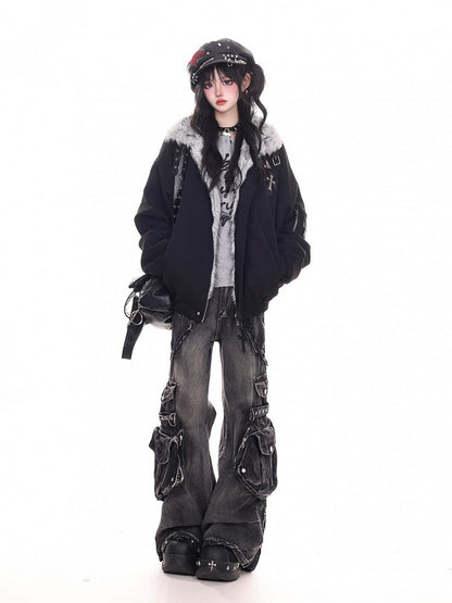 Jacket Plush Blouson Brown/Black Collar with Punk Fleece-lined