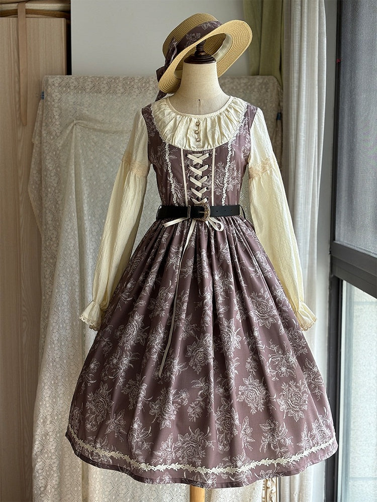Brown & Beige Rosette Print Long-sleeved Elegant Classic Lolita Dress