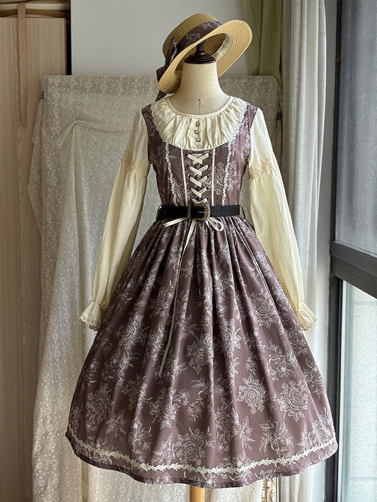 Brown & Beige Rosette Print Long-sleeved Elegant Classic Lolita Dress