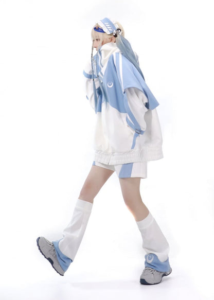 Light Blue and White Zip Up Front Jacket Long Sleeves Tenshi Kaiwai Sweatershirt