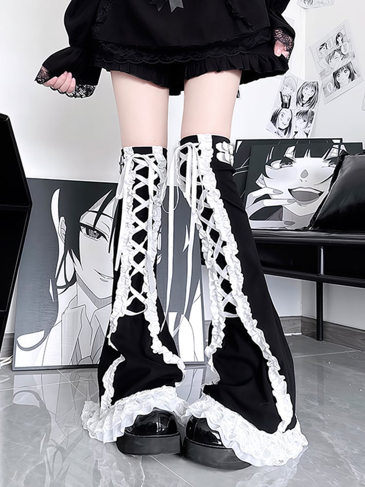 Black & White/White Subculture Lace Trim Strappy Design Leg Warmers with Buckle Decorations