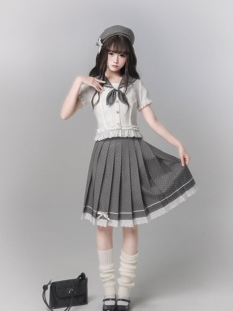 Aesthetic Dot Lace Pleated Skirt With Gray Polka Trim